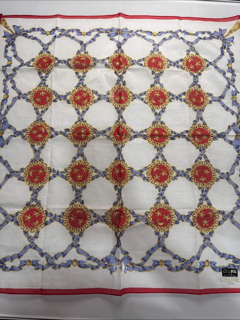 CELINE White Scarf Throw with Red, Blue & Gold Medallions
